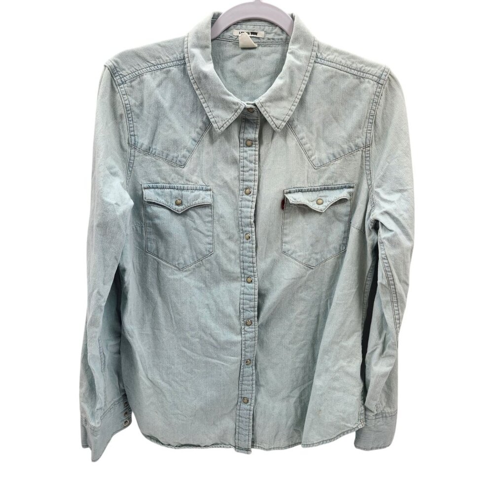 Levis Vintage Pearl Snap Western Shirt 100% Cotton Light Blue Women's Size XL/T